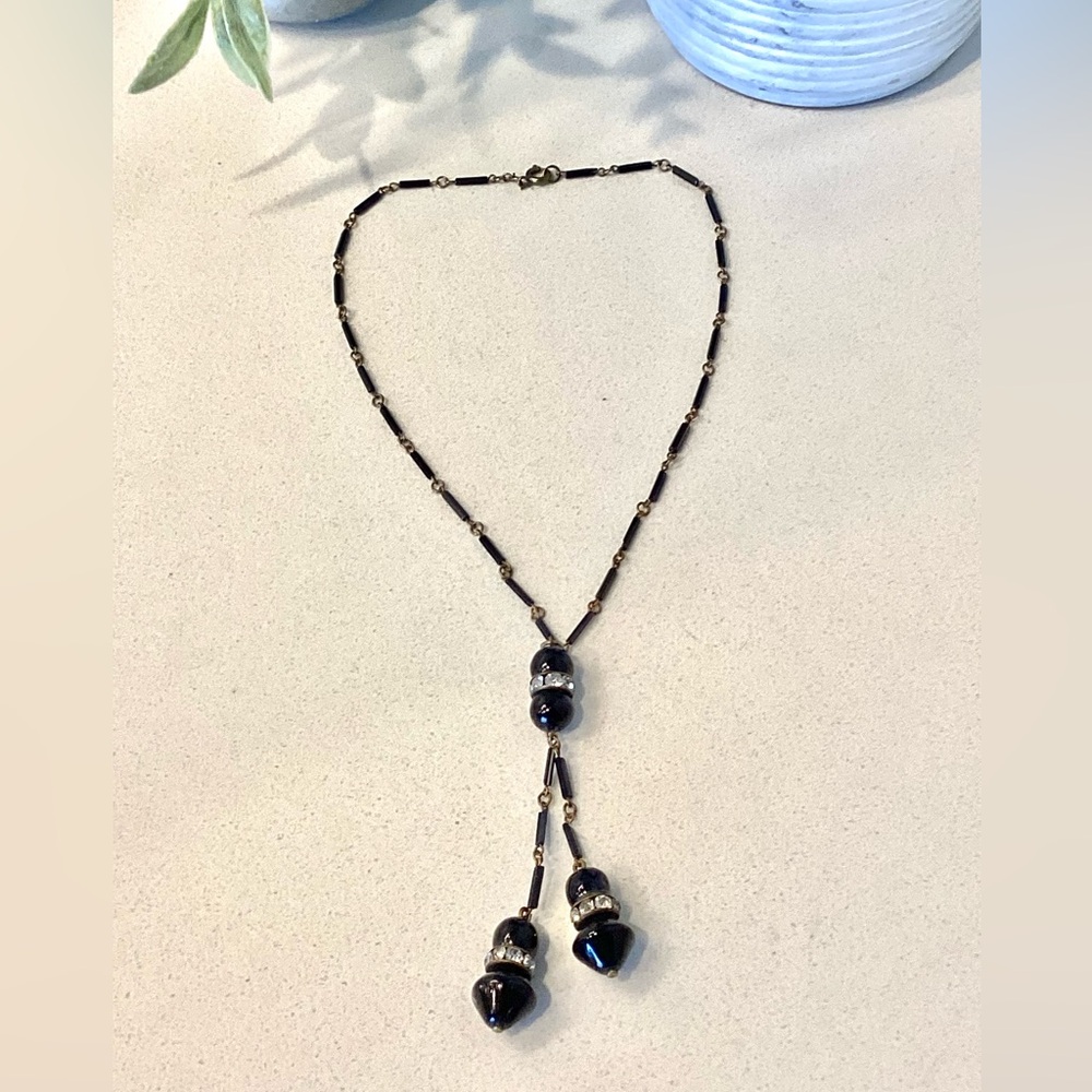 SALE Vintage Elegant Beaded Black and Silver Rhinestone Y Necklace 1990s